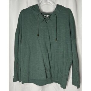 J Jill 100% Cotton Lace Up Chest Hooded Sweatshirt Hoodie Size M Green